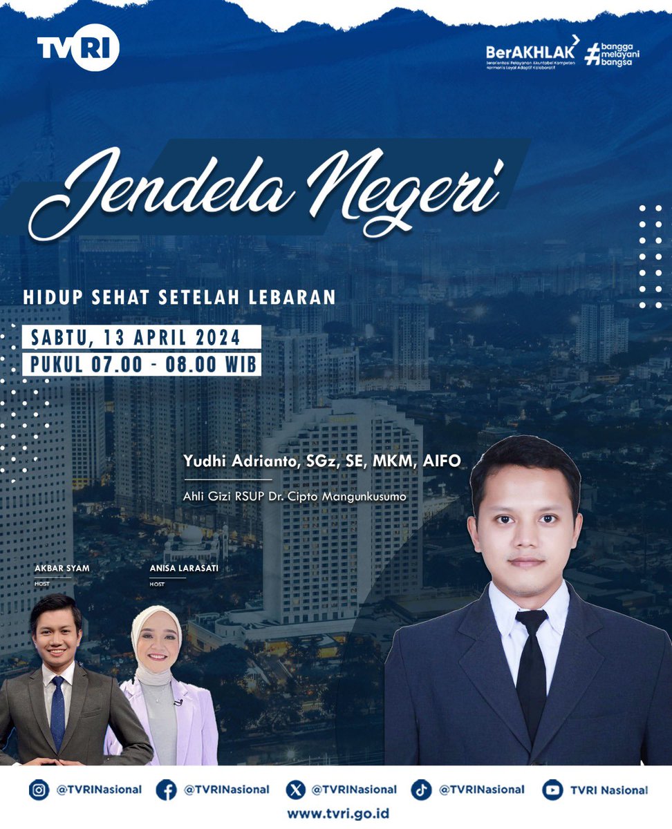 Saksikan Jendela Negeri “Hidup Sehat Setelah Lebaran” hari ini pukul 07.00 WIB hanya di TVRI #TVRI #TVRINasional #MediaPemersatuBangsa #JendelaNegeri