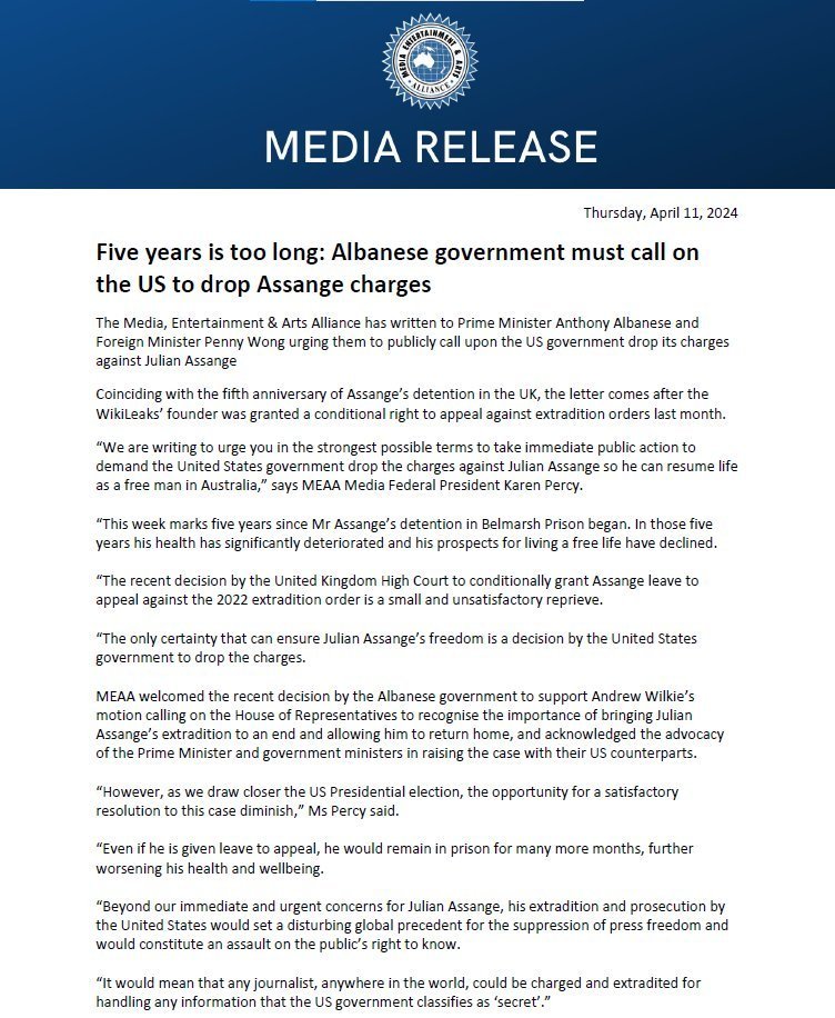 #MEAAmedia calls for end to prosecution of Julian Assange as the publisher marked 5 years at the UK's most secure prison on Thursday: 'We are writing to urge you in the strongest possible terms to take immediate public action to demand the US government drop the charges against