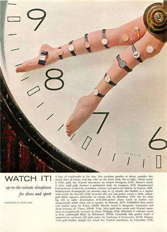 We’re particularly fond of this 1967 conceptual art watch ad illustrating beautiful faces, hands … and legs.
#vintagewatches #vintagewatchad #vintagetimepiece #watches #WristArt #classicwatches #1960swatches #1960sfashion  #horology #truevintage #ladieswatches #menswatches