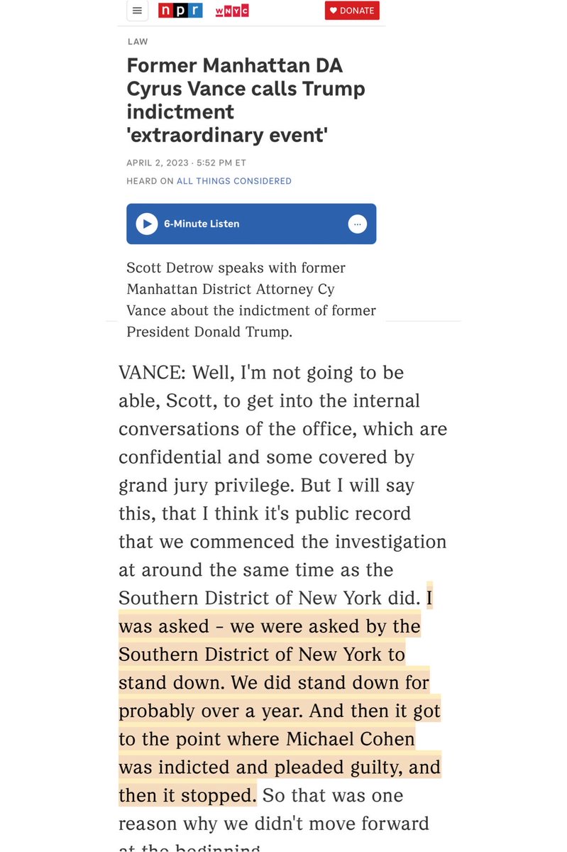 Former DA Cy Vance told us! Trump’s DOJ intervened in the Stormy Daniels ELECTION INTERFERENCE CASE. “I was asked by the U.S. attorney's office of the Southern District to STAND DOWN on our INVESTIGATION which had commenced involving the Trump Organization,' Vance replied.…