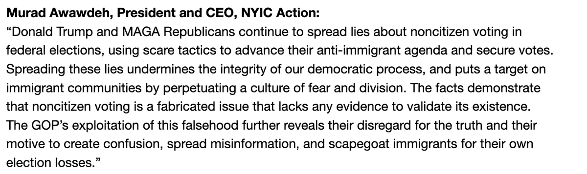 🚨 STATEMENT: Immigrant Advocates Slam Trump for Spreading Misinformation on Noncitizen Voting 'Spreading these lies undermines the integrity of our democratic process, and puts a target on immigrant communities...' @HeyItsMurad 🔗: nyicaction.org/blog/2024/4/12…