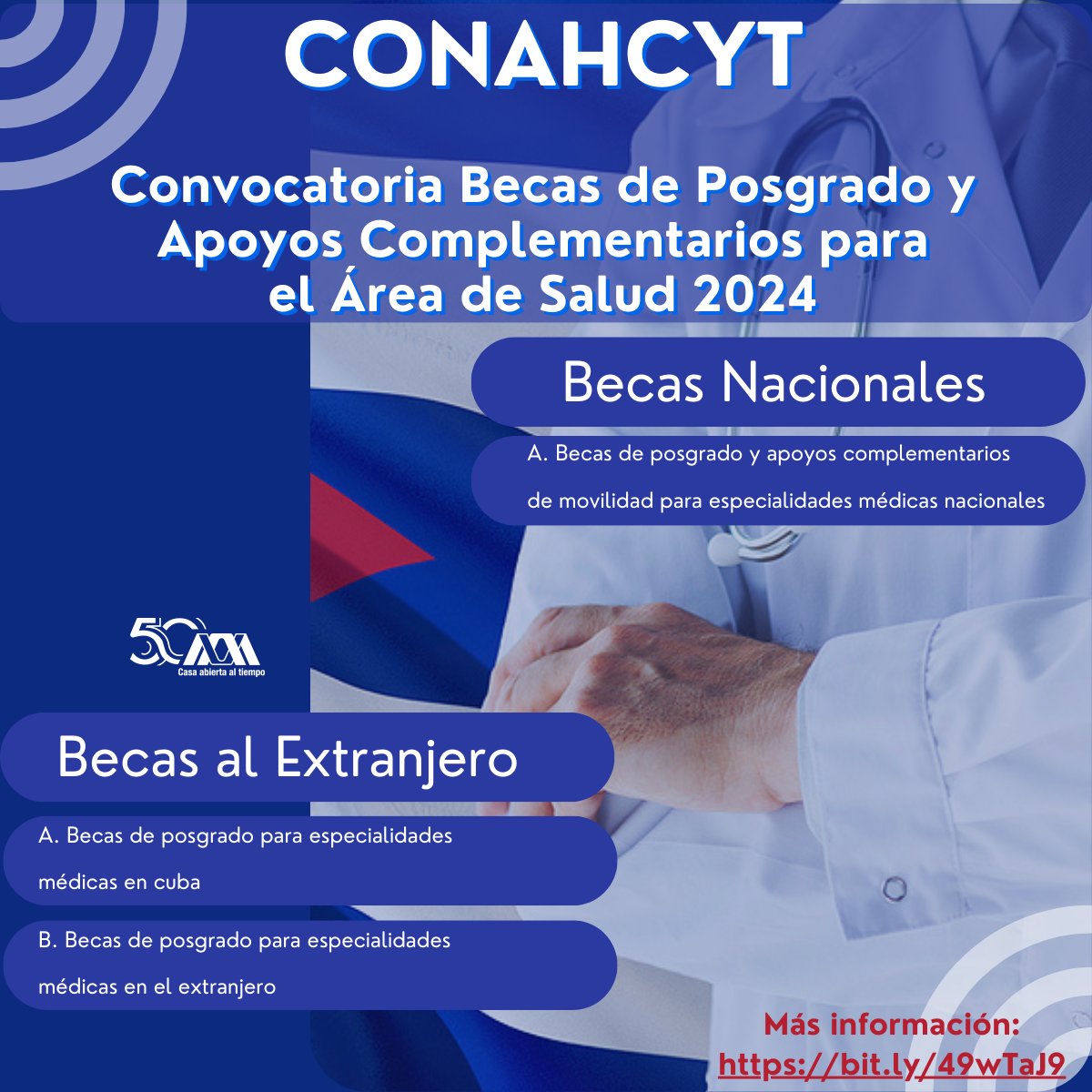 Conahcyt: Becas de posgrado y apoyos complementarios para el área de salud . 📣 Más información: bit.ly/49wTaJ9 . #SoyUAM #UAM50 #Conahcyt #VinculaciónUAM