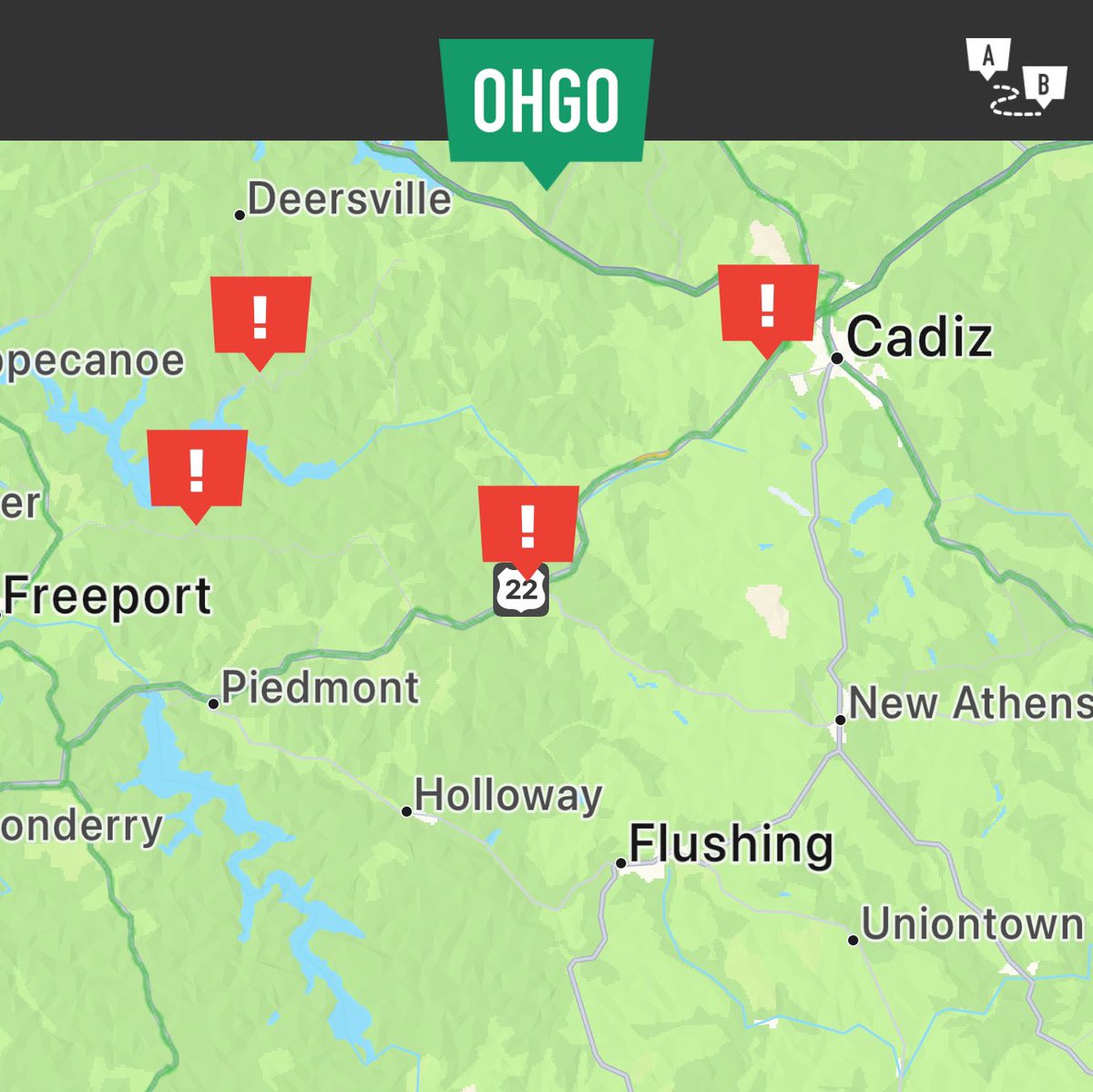 Harrison County: U.S. Route 22 is closed at State Route 519 due to large downed tree. Traffic is being detoured via SR 519 to SR 9 back to U.S. 22. For updates visit OHGO.com.