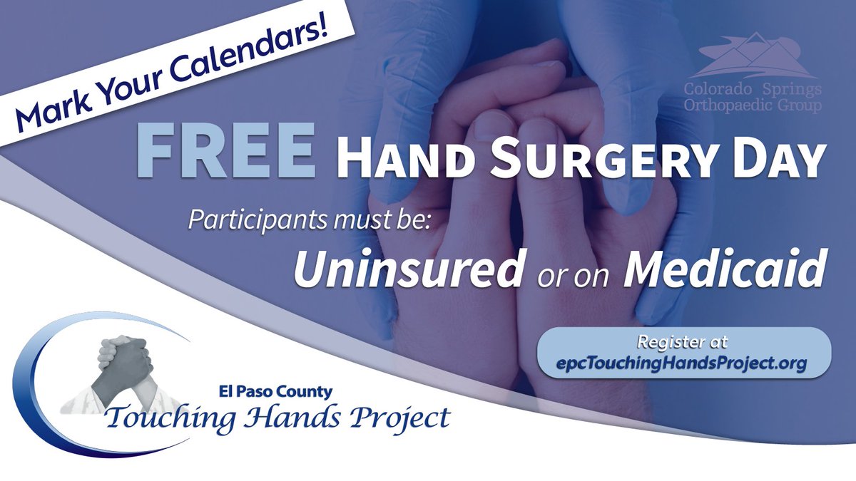 Struggling with hand, wrist, or elbow pain?
Uninsured or have Medicaid as your insurance?

Be sure to register for our annual FREE HAND SURGERY DAY on Saturday, June 1st by visiting epctouchinghandsproject.org/candidate-subm…

#FreeHandSurgeryDay #CSOG #ASSH #HandSurgery #Uninsured #Medicaid