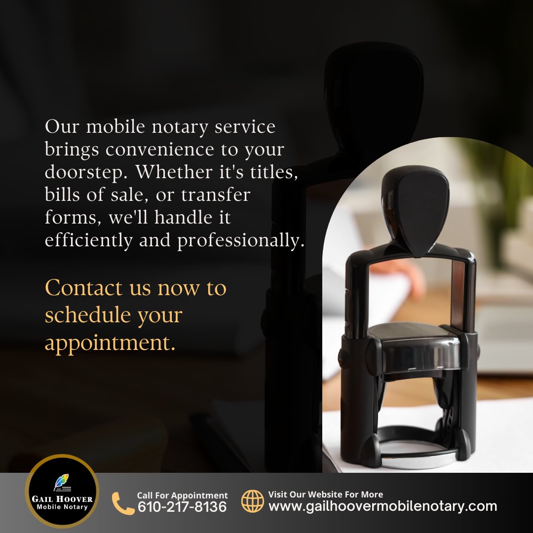 Our mobile notary service brings convenience to your doorstep. Whether it's titles, bills of sale, or transfer forms, we'll handle it efficiently and professionally. Contact us now to schedule your appointment.

#LehighValleyMobileNotary #LehighValley #PA