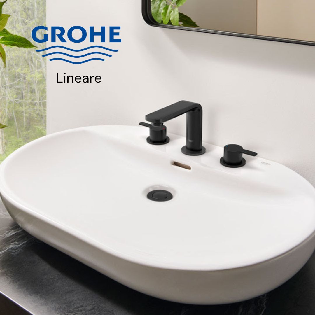 The luxurious Lineare widespread faucet #grohe #widespreadbathfaucet #bathroomdesign #bathroomshowroom