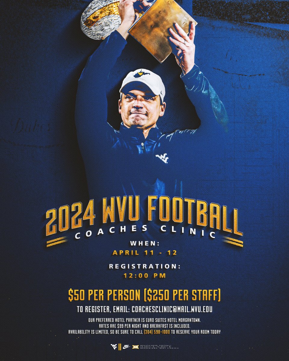 Looking forward to hosting our annual high school coaches clinic next week! Always fun to be with some of the great guys in our game. Email coachesclinic@mail.wvu.edu to register.