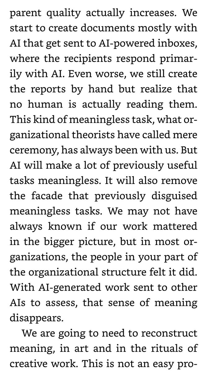 I have talked to a lot of executives buying Microsoft Copilot for their firms. Not one seems to have considered what it means to suddenly automate the vast majority of management writing without training or reconsidering the meaning of the work. From my book, Co-Intelligence: