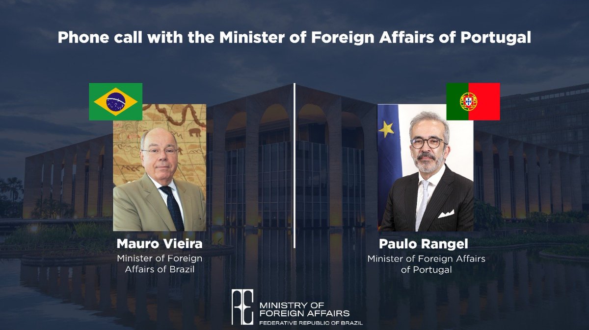 Minister Mauro Vieira 🇧🇷 congratulated foreign minister @PauloRangel_pt on his new position and his work toward the defense of a rapprochement between MERCOSUR and the EU. They also spoke on the 📞 about the 14th 🇧🇷-🇵🇹 Summit and the role of the Brazilian community in 🇵🇹.