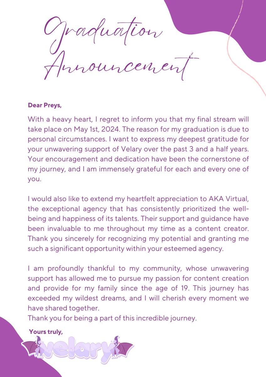 VelaryLusticia's tweet image. 【Graduation Announcement💜】
Thank you so much for your understanding, I will talk about it on YT on Sunday, 7th April 2024 at 8PM.

Much love,
Velary ✨💜