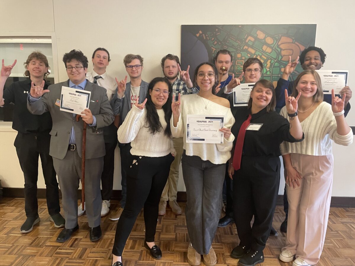 Political Science and International Relations students were awarded Outstanding Delegation with many students earning individual accolades at last month's collegiate Model UN. Read more here: scsu.mn/3PR211h #GoHuskies #BHuskyProud #SCSU