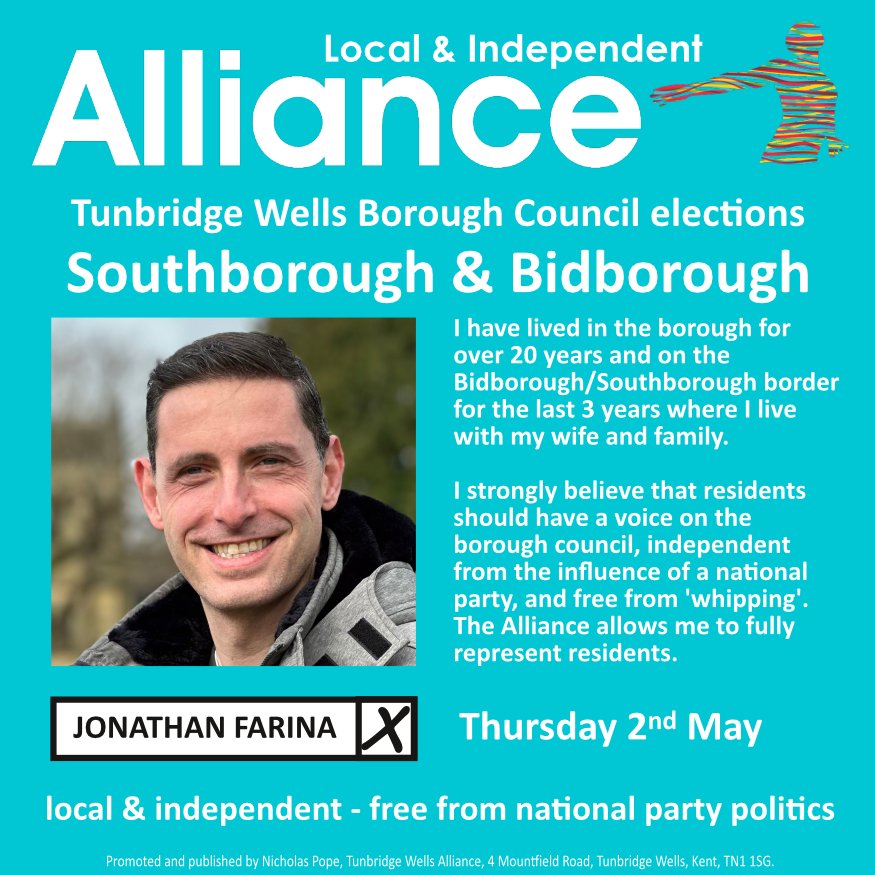 TWellsAlliance's tweet photo. Jonathan Farina is standing for election in the Tunbridge Wells Borough Council elections in Southborough &amp; Bidborough ward.

local &amp; independent - free from national party politics - The Alliance

#localelections2024 #twbc #boroughcouncil #alliance #twalliance #candidates2024 https://t.co/NzuQz3xBeB