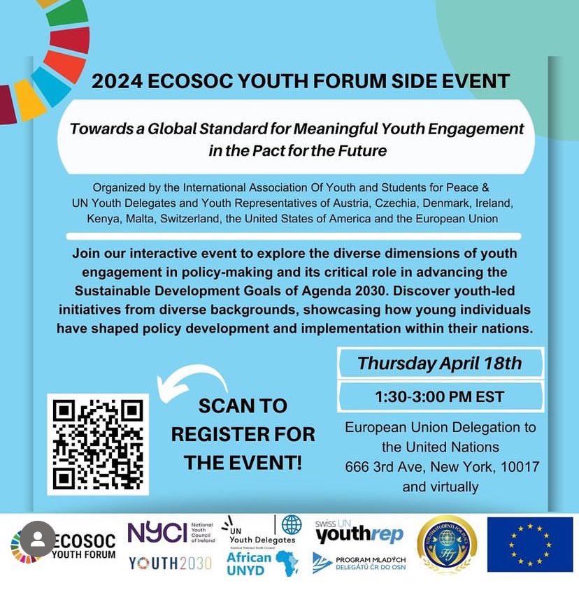 We are happy to launch our official #ECOSOCYouthForum 2024 side event Towards a Global Standard for Meaningful Youth Engagement in the Pact for the Future 🌍🌱 Join us in person & online👇🏼👇🏼👇🏼 docs.google.com/forms/d/e/1FAI…