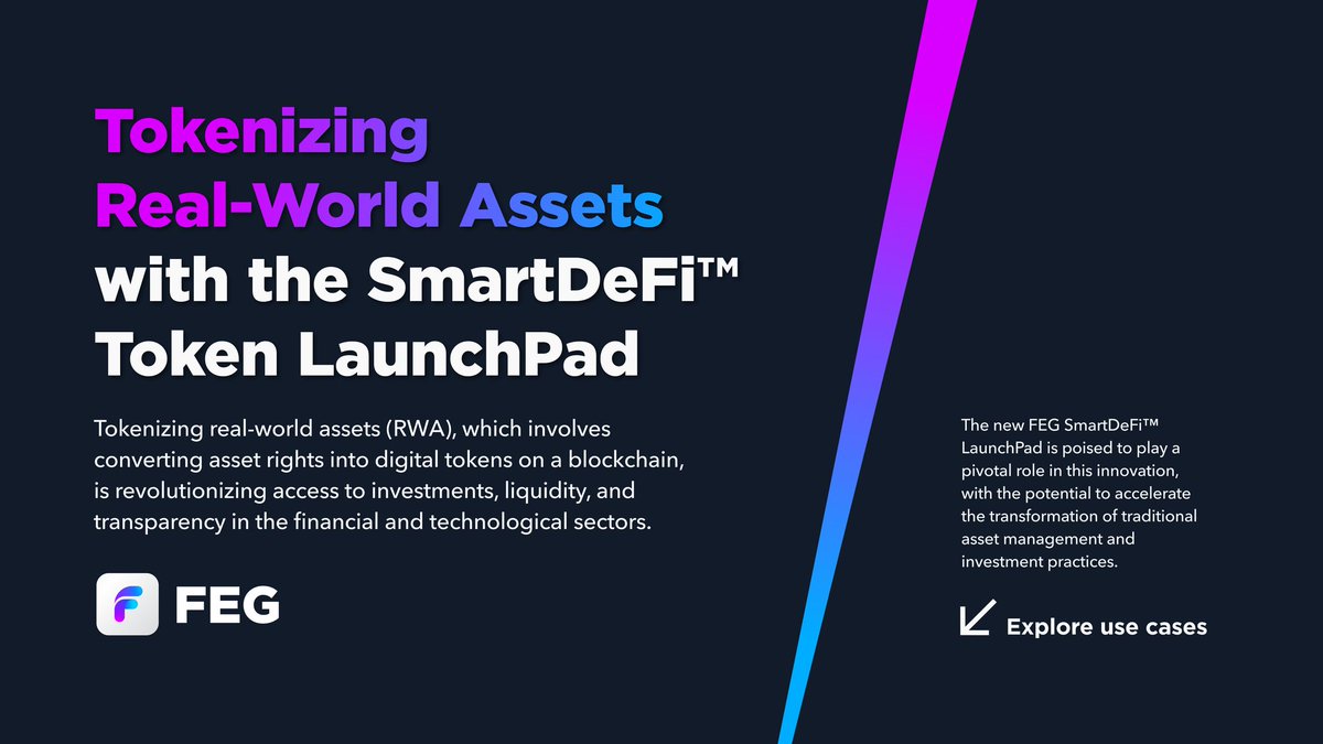 1/5

📢 Community Announcement: #FEGtoken Tokenizes Real-World Assets!

We're thrilled to announce a groundbreaking leap forward for our ecosystem - the tokenization of Real-World Assets (RWA) through our innovative #SmartDeFi™ LaunchPad! 🌍✨

#Crypto #Tokenization #DeFi