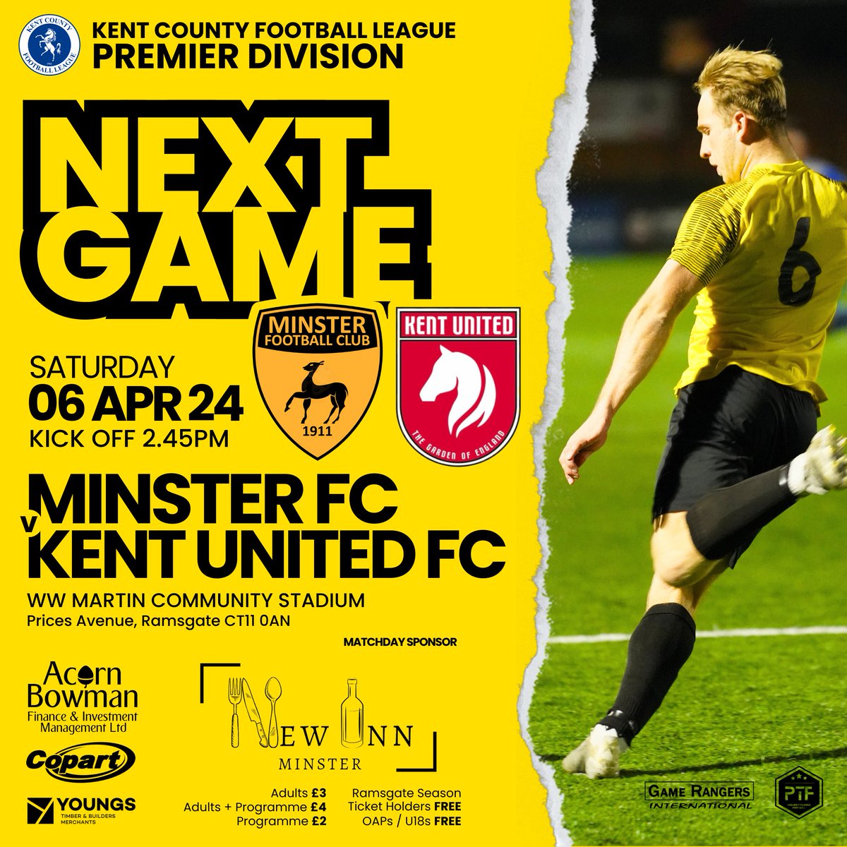 FIRST TEAM : NEXT GAME
🆚 @kentunitedfc
🏆 @KCFL1516 Premier Division
📅 06 Apr 24
⏰ 2.45pm Kick off
🏟️ Southwoods Stadium (@ramsgatefc)
📍CT11 0AN

Good luck lads !!
@NewInnMinster
#AcornBowmanFinance
@CopartUKLimited
#YoungsTBM

#grassrootsfootball #nonleaguefootball #mcmxi