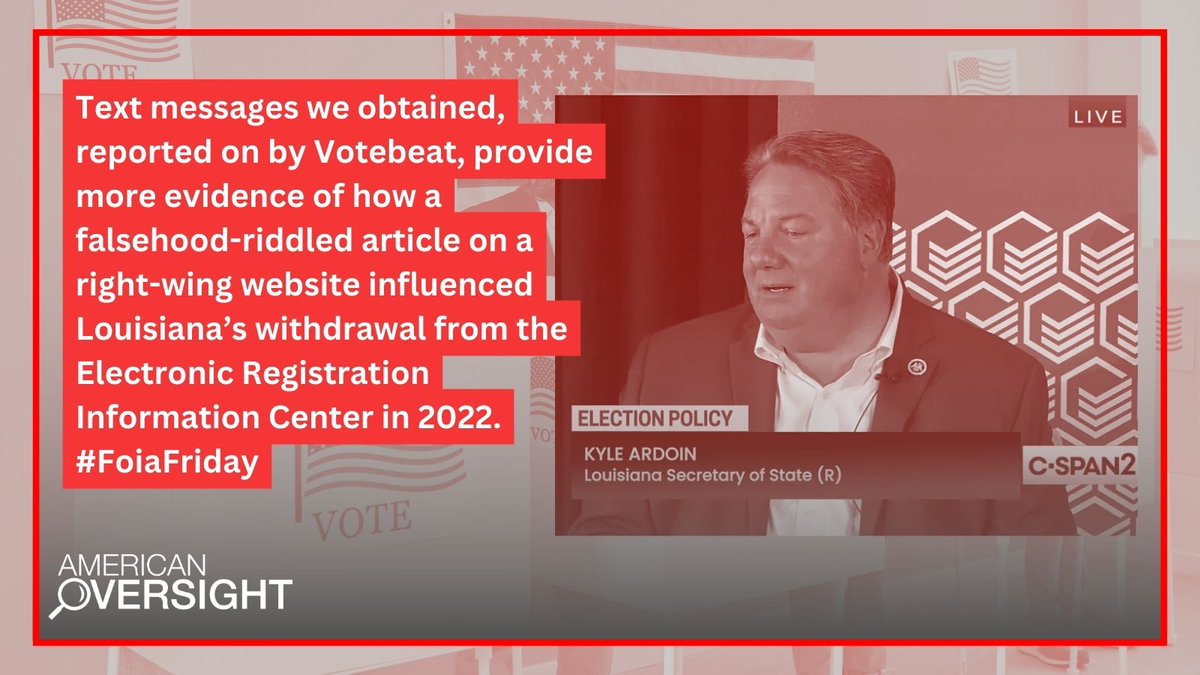 Text messages we obtained, reported on by Votebeat, provide more evidence of how a falsehood-riddled article on a right-wing website influenced Louisiana’s withdrawal from the Electronic Registration Information Center in 2022. #FoiaFriday
votebeat.org/2024/04/01/lou…