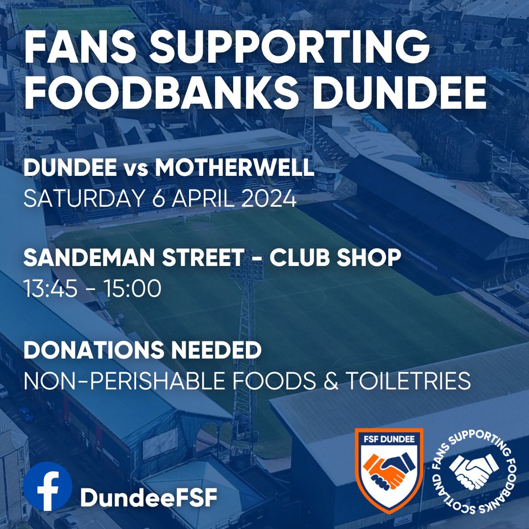 🥫 DENS COLLECTION 🥫 @DundeeFC vs @MotherwellFC Dropping off a few items can make a big difference to those struggling! 🤝 Most needed items: 🍜 Pasta, Noodles & Rice 🥫 Tinned Veg & Fruit 🚿 Shower Gel & Shampoo #HungerDoesntWearClubColours
