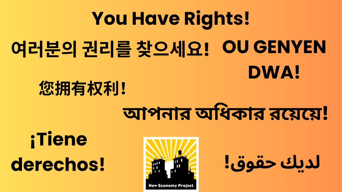 Every New Yorker, whether they speak Spanish or French Creole, Chinese or Urdu, should have the tools to challenge predatory debt collectors. Our free Know Your Rights flyers have now been translated into 10 languages! Please share widely: neweconomynyc.org/type/know-your…