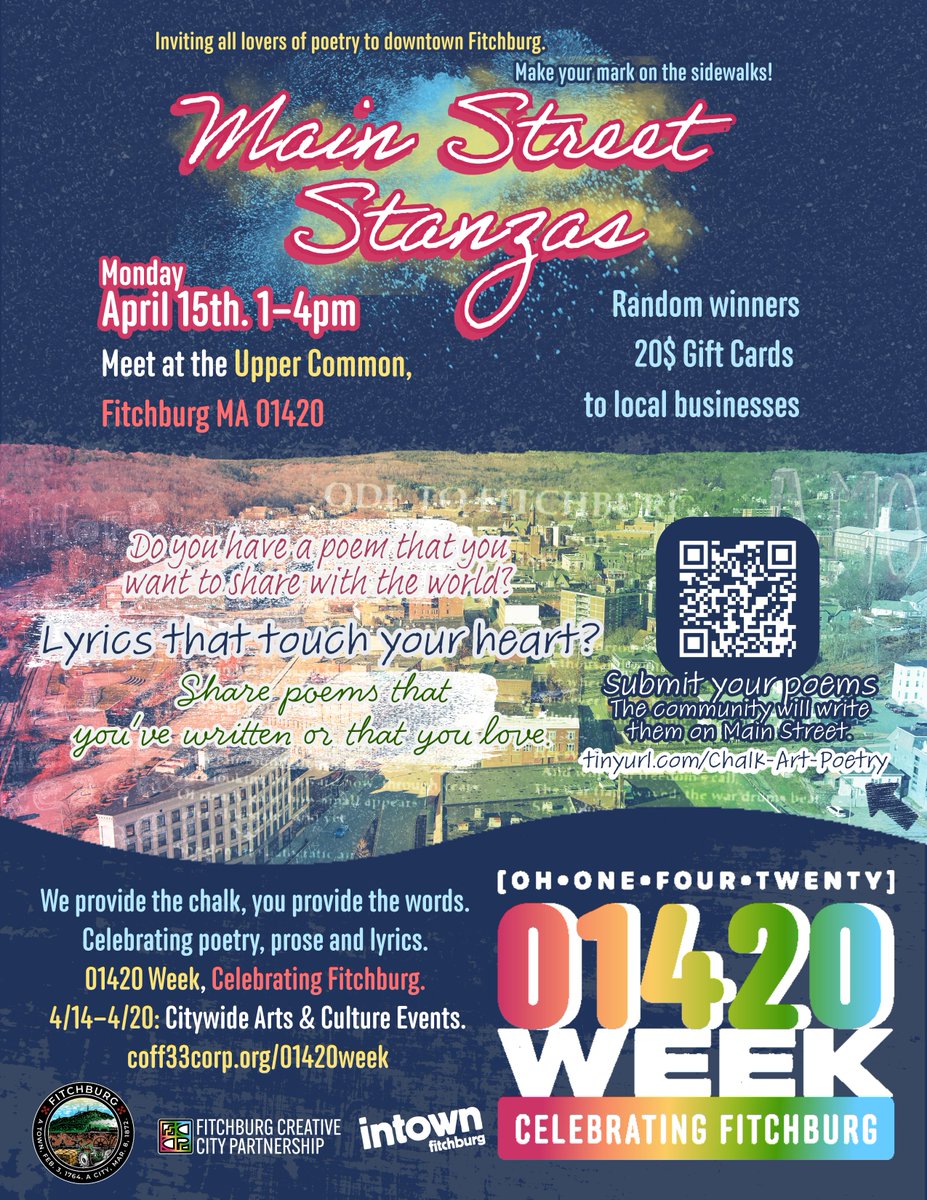 Main Street Stanzas April 15 1-4 p.m. Meet at the Upper Common Do you have a poem that you want to share with the world? Submit your poems Inviting all lovers of poetry to downtown Fitchburg