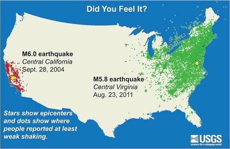 An opportune time to share this graphic, illustrating how earthquakes back east have a much wider reach than earthquakes of the same magnitude in California.