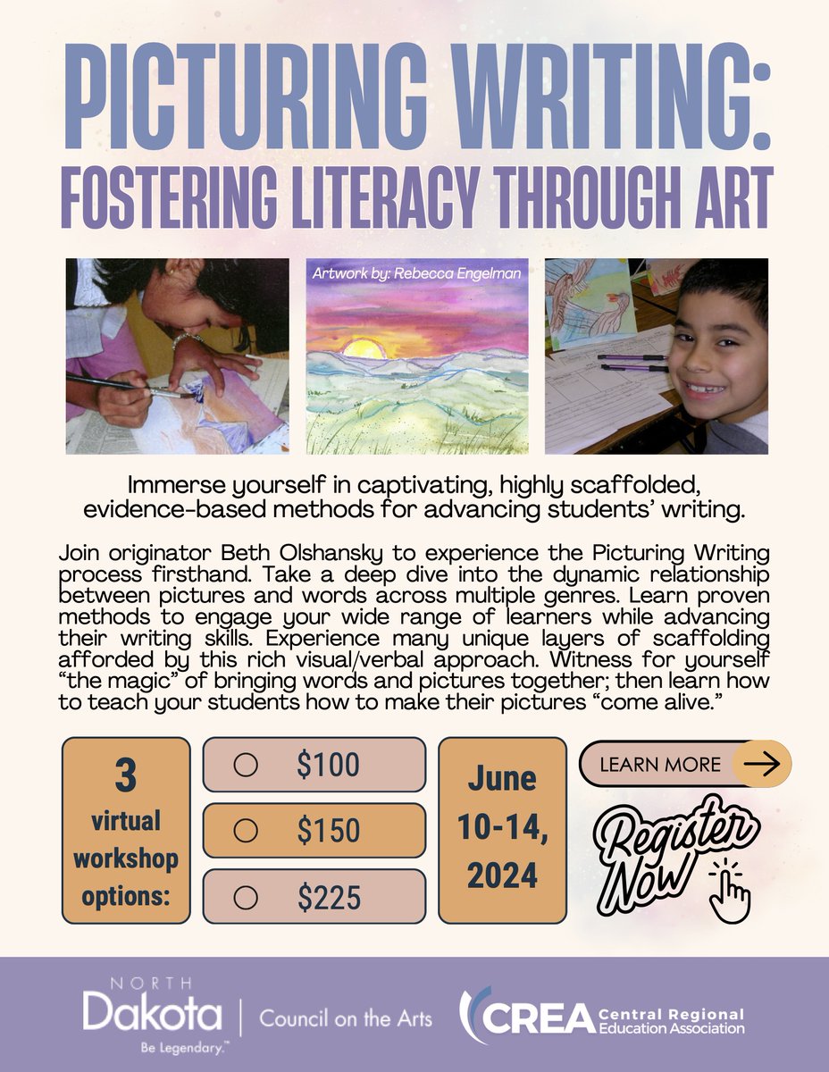 CREA and ND Council on the Arts team up to provide ND teachers with 3 options for Virtual Picturing Writing workshops at GREATLY reduced costs! Learn more and register here: tinyurl.com/2024PicturingW… Registration closes May 10, 2024.