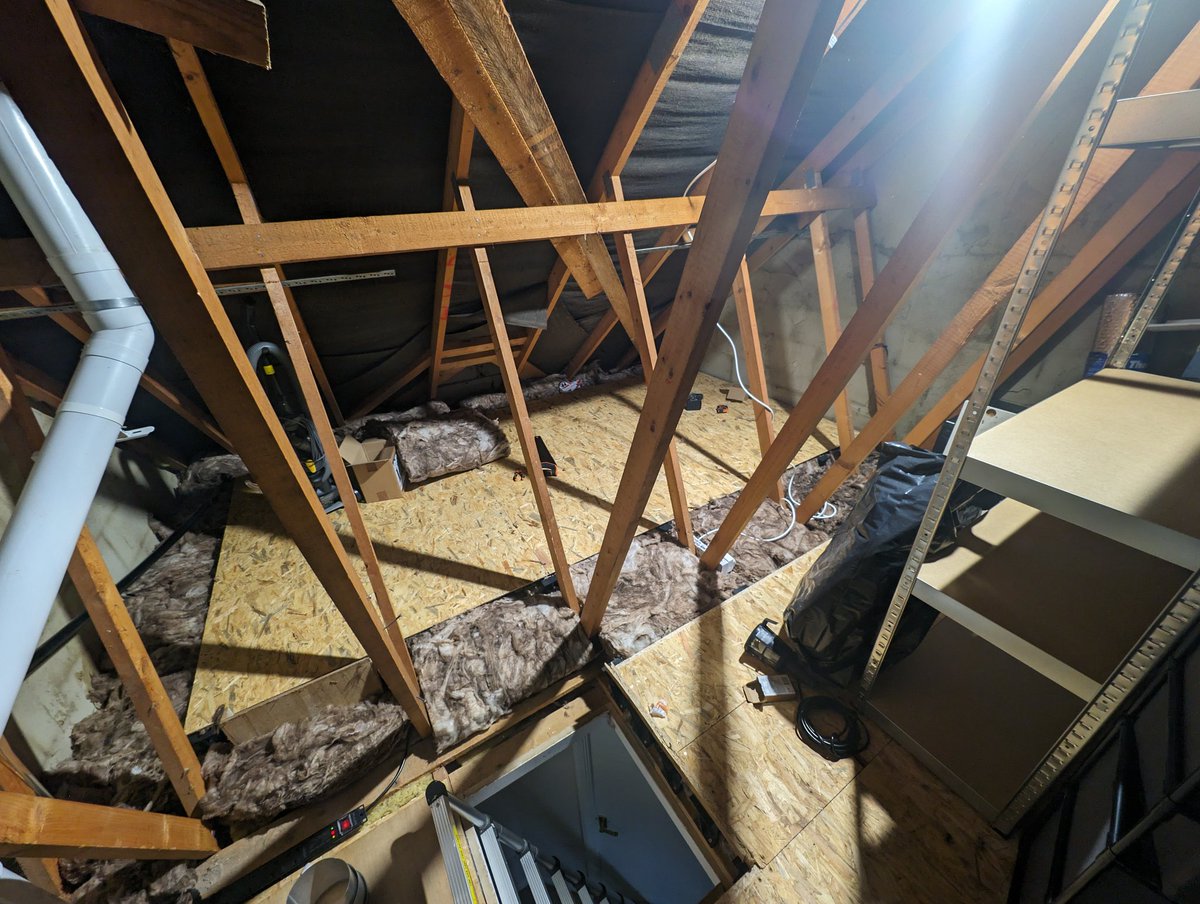 Two wasps nests, one dead mouse and me cursing at my drill, finally finished cleaning, boarding and insulating my attic. Who says owning a home is easy 😭