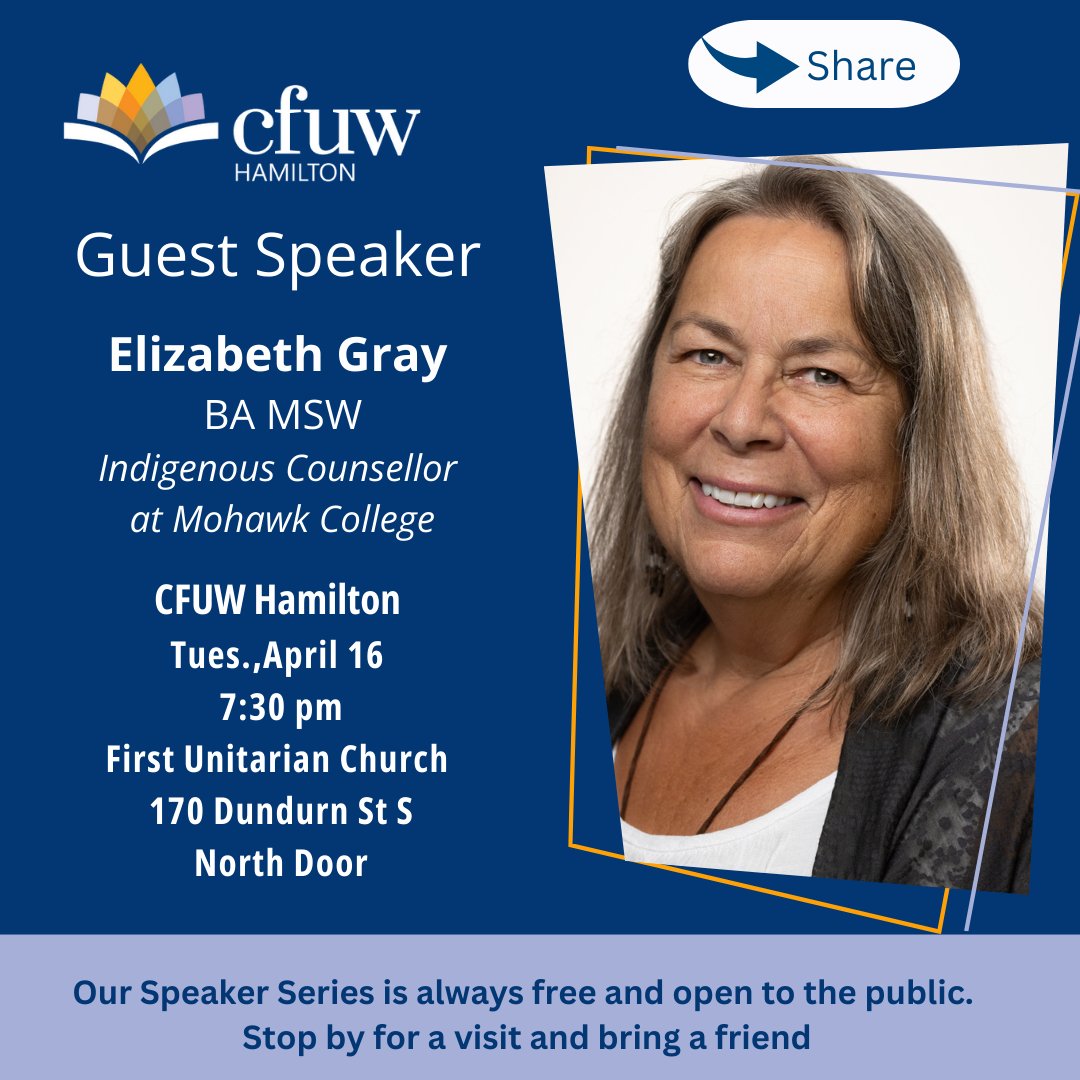 Join us for an insightful talk by Indigenous Counsellor Elizabeth Gray on April 16th at 7:30 pm. Let's learn, grow, and celebrate community together! #FreeEvent #BringAFriend #Community