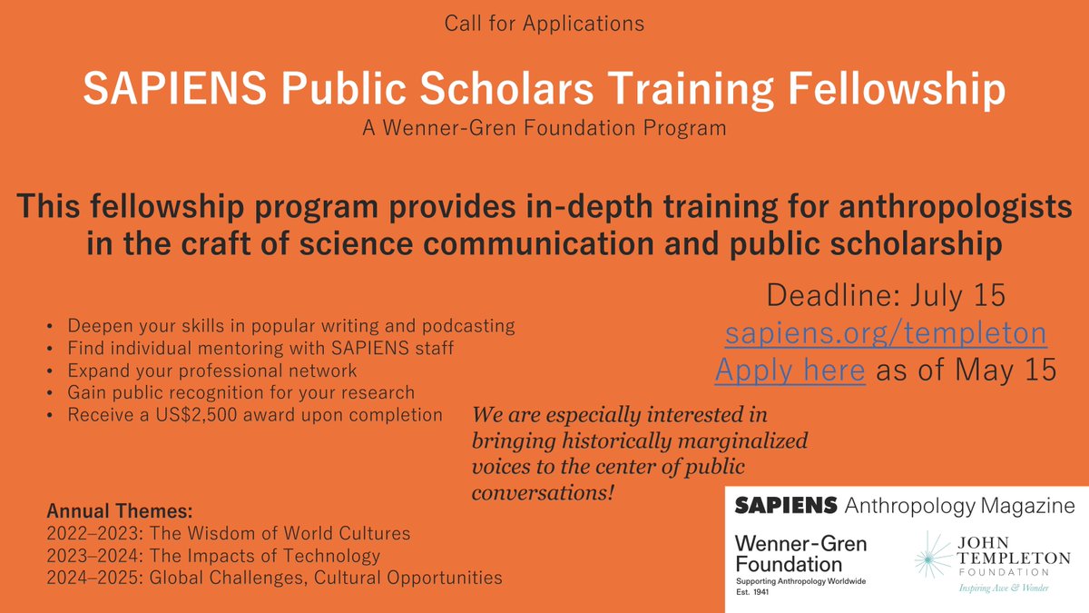 Mark your calendar! On May 14th at 11:00 AM EST, @SAPIENS_org will be holding a Public Scholars Training Fellowship Q&A. Please join us to learn about the program and how to apply! Register: buff.ly/3vwdgFD Info: buff.ly/3vCOd3D