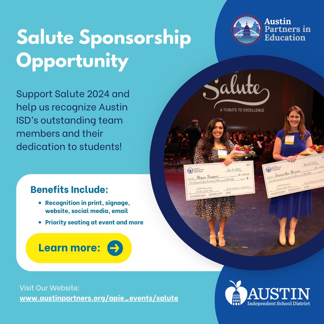 There’s still time to sponsor #Salute2024! This special event, co-hosted by @austinisd and APIE, celebrates the district’s outstanding team members for their continued dedication to AISD students. Learn more about our sponsorship levels and benefits at: shorturl.at/JN247