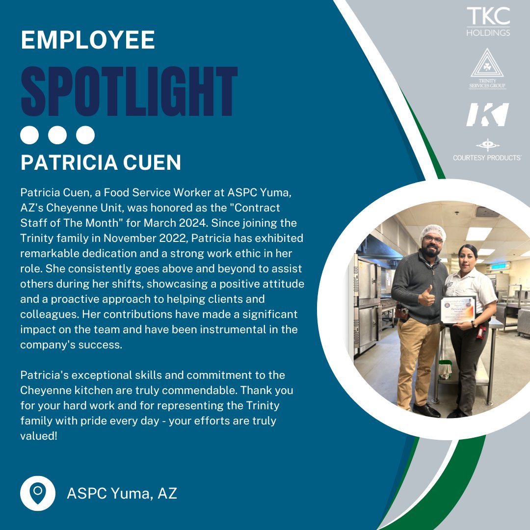 Happy Friday! This week we are giving a shoutout to Patricia Cuen, one of our Food Service Workers! 

#FeelGoodFriday #EmployeeSpotlight #FoodService #TKCHoldings