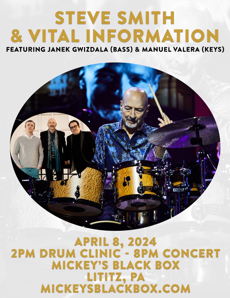 Steve is at @berksjazzfest April 8! 2pm drum clinic & 8pm concert with Vital Information! It's happening at @MickeysBlackBox in Lititz, PA! The band features @manuelvalera (keys) & Janek Gwizdala (bass)! CLINIC: ticketmaster.com/event/02006024… CONCERT: ticketmaster.com/event/02006024…