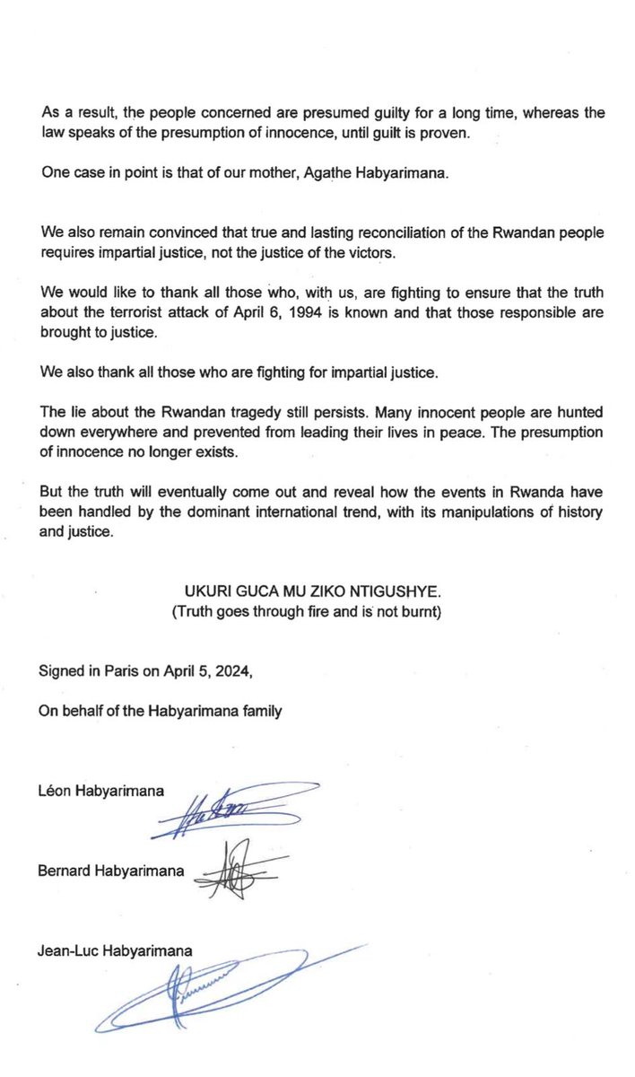 Communiqué released by Juvénal Habyarimana's family.