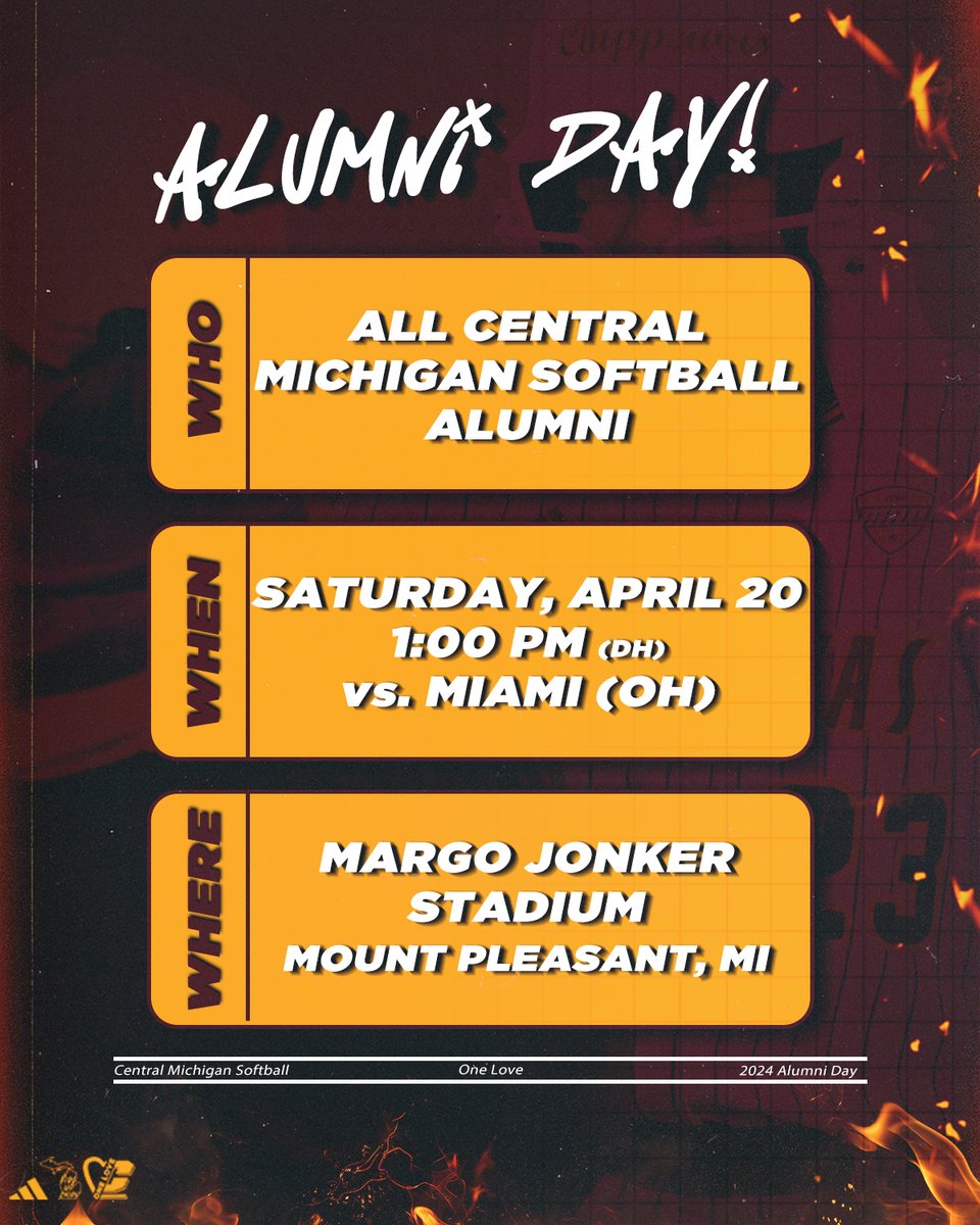 📲 Calling all alumni! We want to see YOU back at Margo Jonker Stadium to watch Team 46 in action 🫵🏼 The DH against Miami (OH) on April 20th your day! Come see old teammates & celebrate the good 'ole days! 😉 RSVP here by 4/10/24: shorturl.at/ghwzH #FireUpChips🔥⬆️🥎