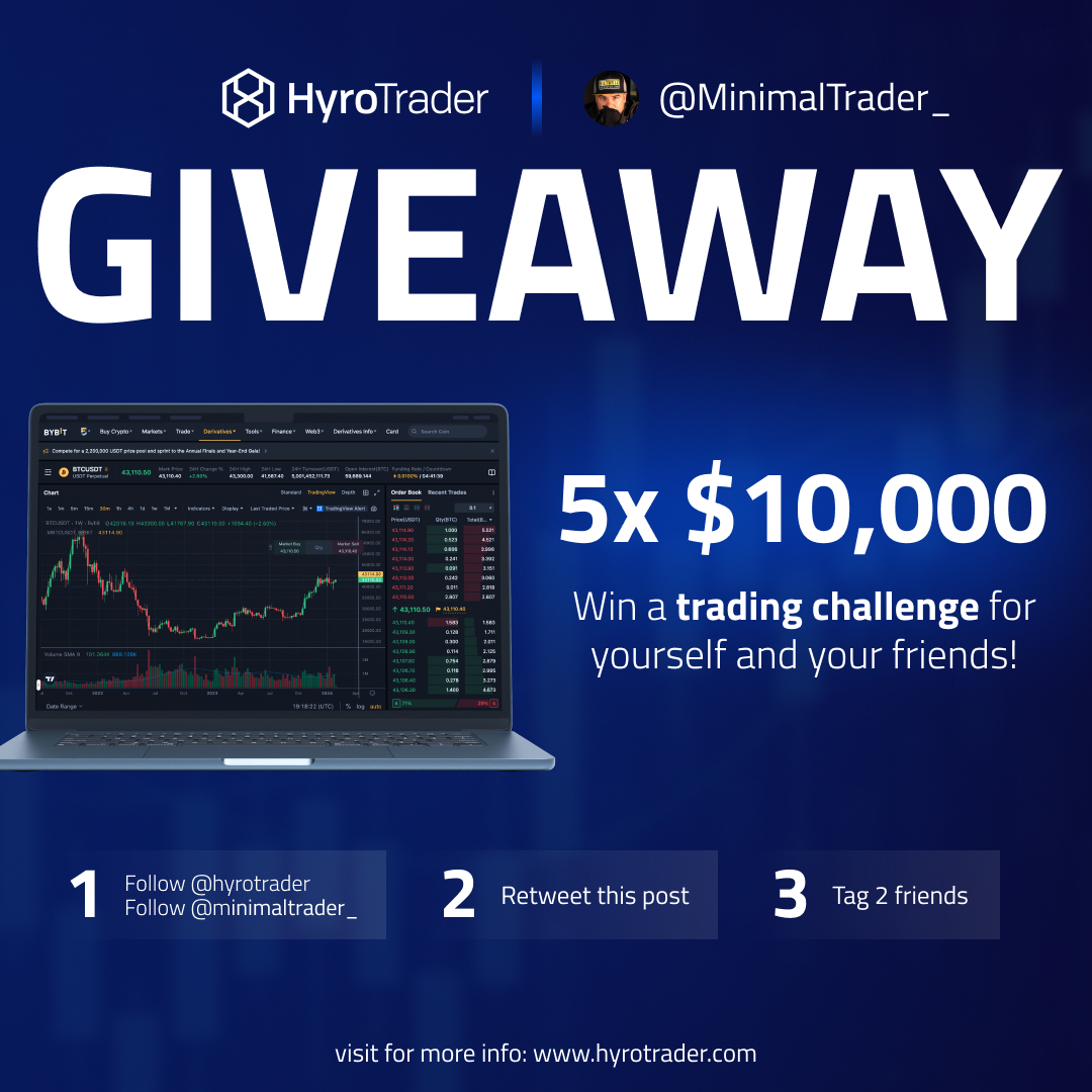 MinimalTrader_'s tweet image. Amigos!! GIVEAWAY de 5 cuentas de 10k !! junto a
@hyrotrader
!! Empieza hacer trading con capital!!  Para participar: Sigueme a mi

@MinimalTrader_ 
y a @
@hyrotrader
Dale un RT y etiqueta a 2 amigos!!!  Los ganadores se daran en 5 dias!! MUCHA SUERTE!!! LEETTSGOO!!!