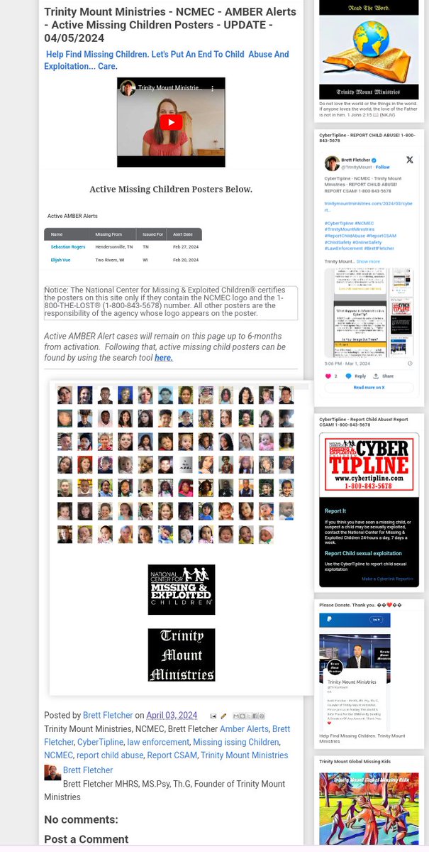Trinity Mount Ministries - NCMEC - AMBER Alerts - Active Missing Children Posters - UPDATE - 04/05/2024

trinitymountministries.com/2024/04/trinit…

#TrinityMountMinistries #MissingChildren #NCMEC #AmberAlerts #CyberTipline #ReportChildAbuse #ReportCSAM #ChildSafety #OnlineSafety #BrettFletcher…