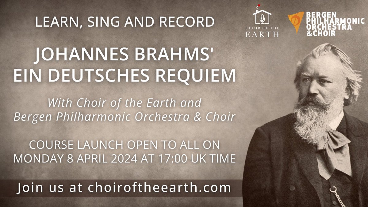 By now we hope you've heard how fantastic digital choral singing is with Choir of the Earth and @mrbenengland. See for yourself what you're missing - learn, sing and record Brahms' Requiem alongside @Bergenfilharmon from Monday 8 April at 17:00 UK time! youtu.be/DR9rXQM6KmQ