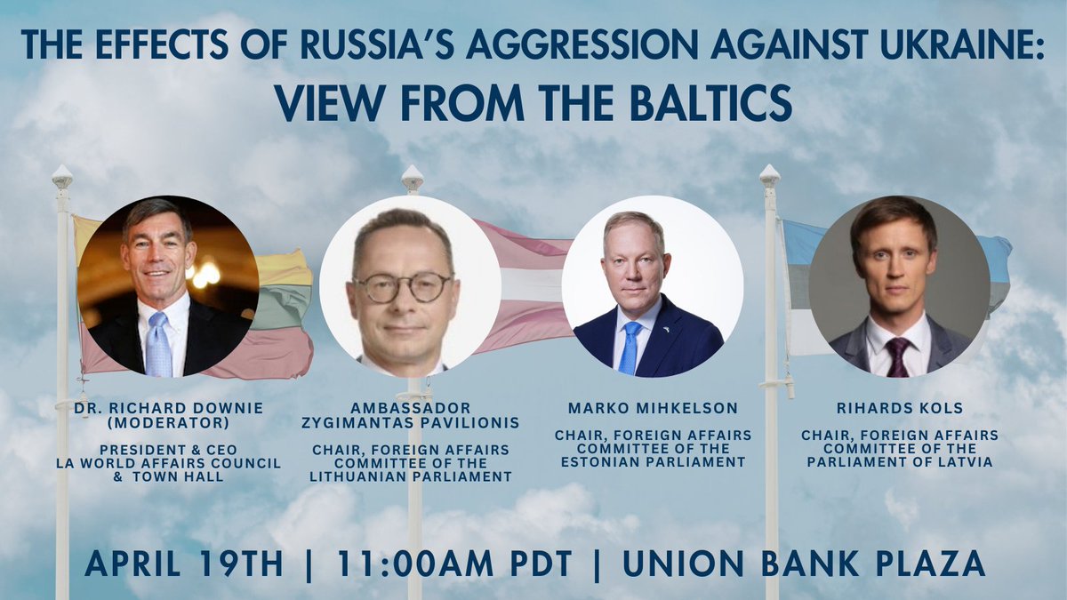 Join us on April 19 in DTLA for a panel discussion with the Chairs of the Foreign Affairs Committees of the Baltic states. Gain the Baltic perspective on the Russo-Ukrainian War and hear their strategies for peace. More information and registration: bit.ly/4cFcmqT