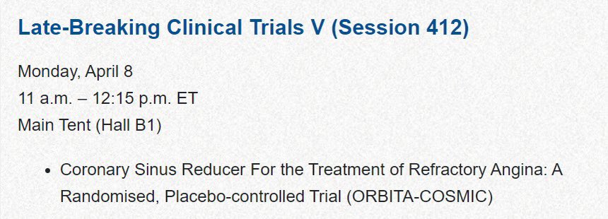 Here we go again! Want to see if the coronary sinus reducer works in refractory angina? Watch @MikeFoley89 present the results of the ORBITA-COSMIC in the main arena at #ACC this Monday #ORBITA @fiyyazAJ @mshunshin @ShaynaChotai @rajkumar_chris @FloSimader