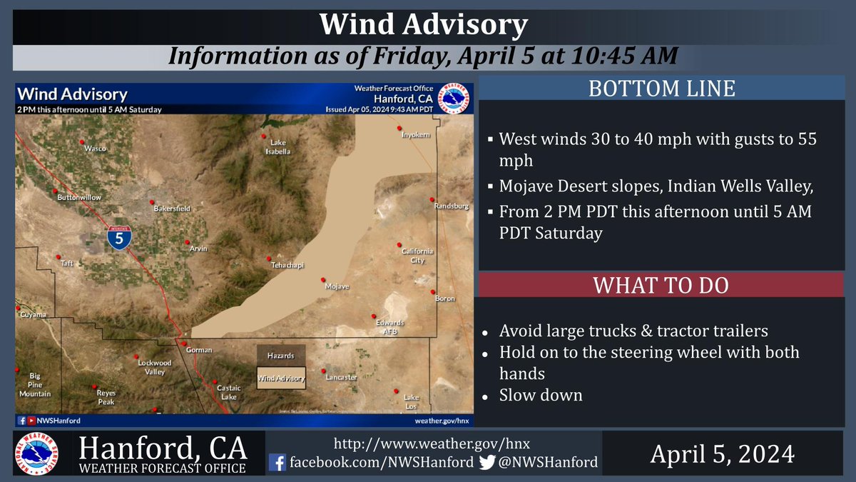 A Wind Advisory has been issued from 2 PM PDT this afternoon to 5 AM PDT Saturday April 6 for the Mojave Desert Slopes and Indian Wells Valley areas. West winds 30 to 40 mph with gusts up to 55 mph are expected.