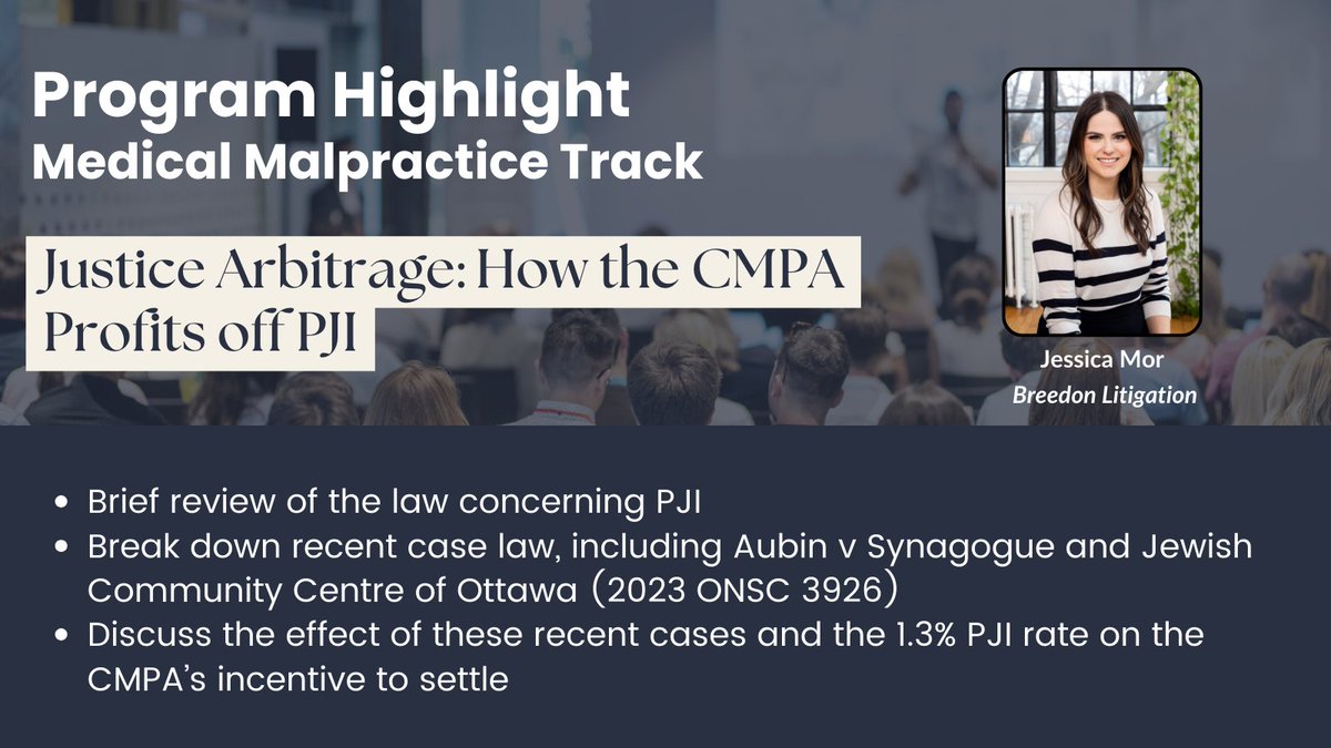 Jessica Mor with @BreedonLaw will be discussing Justice Arbitrage: How the CMPA Profits off PJI at our Conference happening on Friday, May 10 in the South Building at the MTCC – this is a new location! Members can register for the conference here - otla.com/?pg=events&evA…