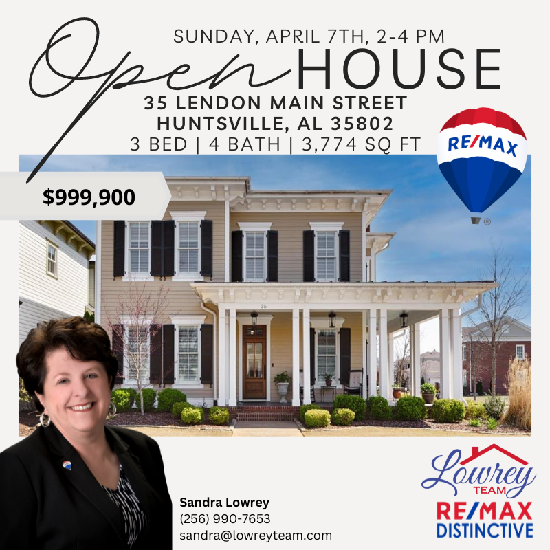 You're invited to explore your future home! Join us for an exciting open house event at 35 Lendon Main on Sunday, April 7th from 2-4 PM. Come discover the beauty and potential of this stunning property! #RemaxDistinctive #LowreyTeam #abovethecrowd #OpenHouse #HuntsvilleAL