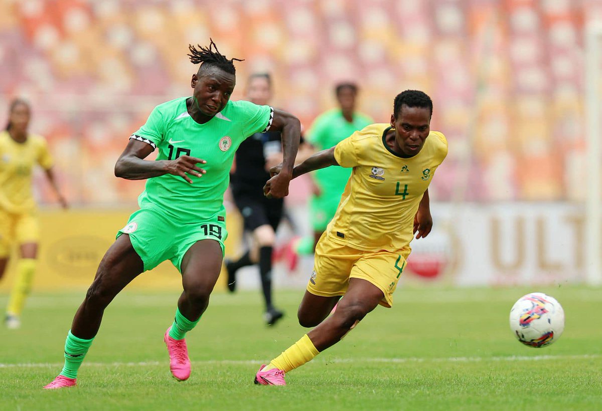 𝗙𝗨𝗟𝗟-𝗧𝗜𝗠𝗘 Nigeria 1️⃣-0️⃣ #Banyana 𝙍𝙚𝙩𝙪𝙧𝙣 𝙡𝙚𝙜 𝙤𝙣 9 𝘼𝙥𝙧𝙞𝙡 @ 𝙇𝙤𝙛𝙩𝙪𝙨, 19𝙃30. #OlympicQualifier #UNPLAYABLE