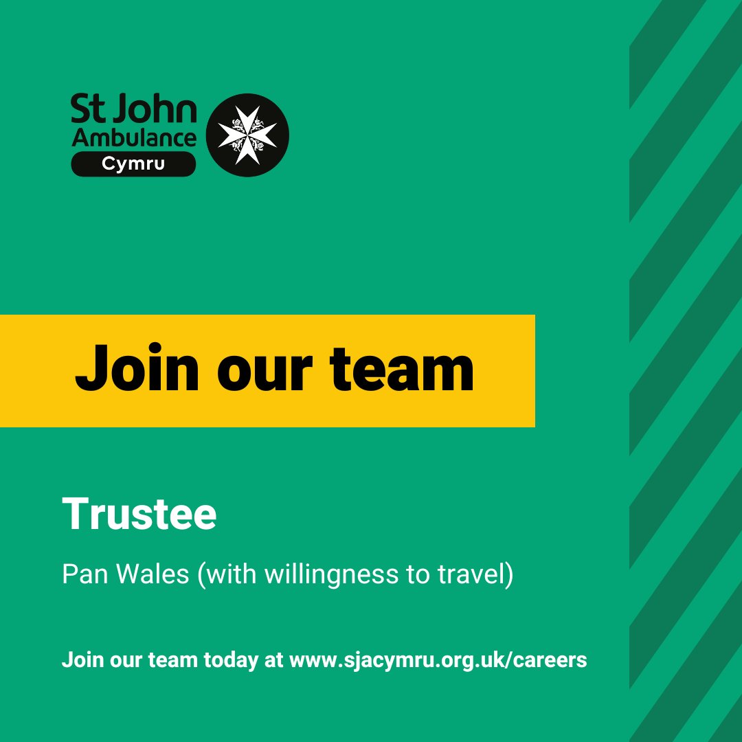 Ymunwch â'n tîm! We're looking for a new Trustee to join us at the first aid charity for Wales. 🏴󠁧󠁢󠁷󠁬󠁳󠁿 We're looking for someone willing to be a strong advocate for our charity & steer us towards achieving our strategic priorities. To find out more, visit sjacymru.org.uk/en/vacancies/t…