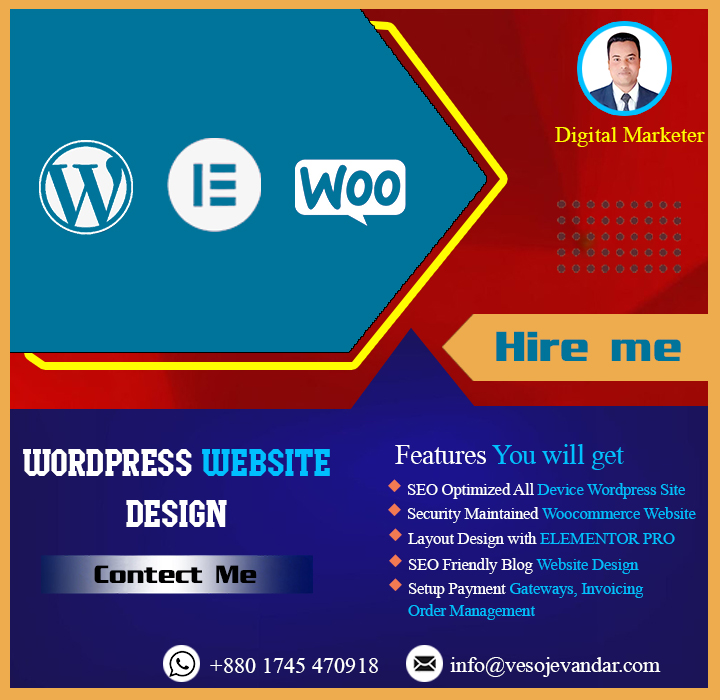 I will do wordpress website design , blog, ecommerce website with woocommerce elementor.

#WordPressDesign #ElementorDesign #BlogDesign #eCommerceWebsite #WooCommerceDesign #WebDesigners #WebsiteDevelopment #WordPressThemes #OnlineStoreDesign #DigitalStorefront #ResponsiveDesign