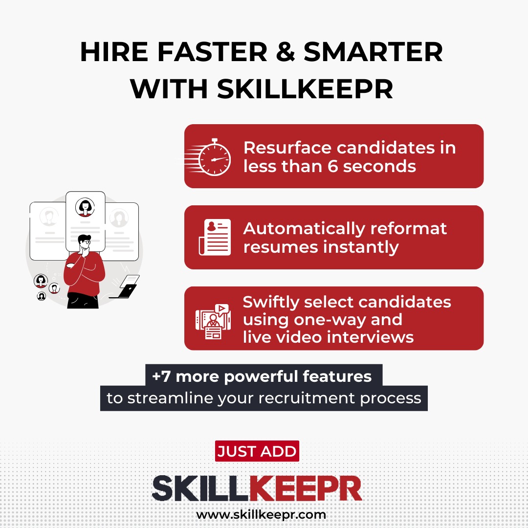 Experience true efficiency in recruitment like never before. It's time to hire faster and smarter with Skillkeepr. 10 powerful features in one solution.
Visit skillkeepr.com and enjoy 30 days free trial.

#futureofhiring #skillkeepr #hiring #recruiting #talentacquisition