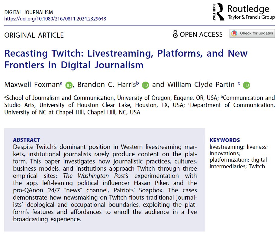 Today is the day! RecastingTwitch: Livestreaming, Platforms, and New Frontiers in Digital Journalism is now live at @djeditorialteam. @MaxwellFoxman, @william_partin, & I have been wrestling w/ these ideas since 2019! I'm elated to finally share tandfonline.com/doi/full/10.10…