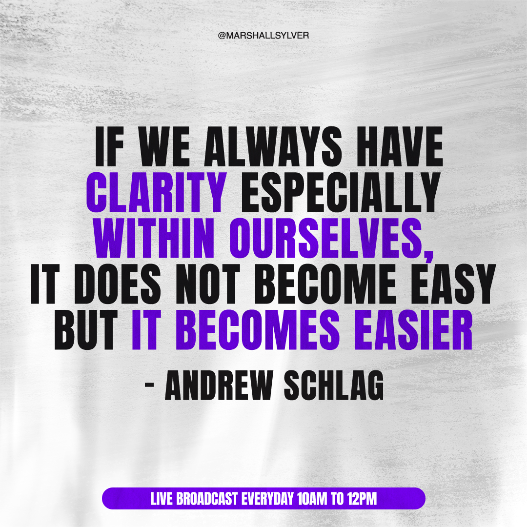 Join me as we explore the profound statement by Andrew Schlag: 'If we always have clarity especially within ourselves, it does not become easy but it becomes easier.' Discover the power of self-clarity in making life's challenges more manageable. #LifeClarity #SelfAwareness