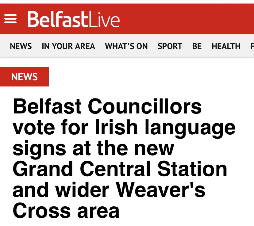Dul chun cinn tábhachtach. Those in support of **dual-language** signage at Belfast Transport Hub ag Cros na bhFíodóirí now include: ✅Minister @JohnODowdSF ✅@deptinfra ✅ @belfastcc ✅ @ForasnaGaeilge & @CnaG ✅ @FisanPhobail & @ForamnanGael 🅾️@dreamdearg ❓@Translink_NI 👀