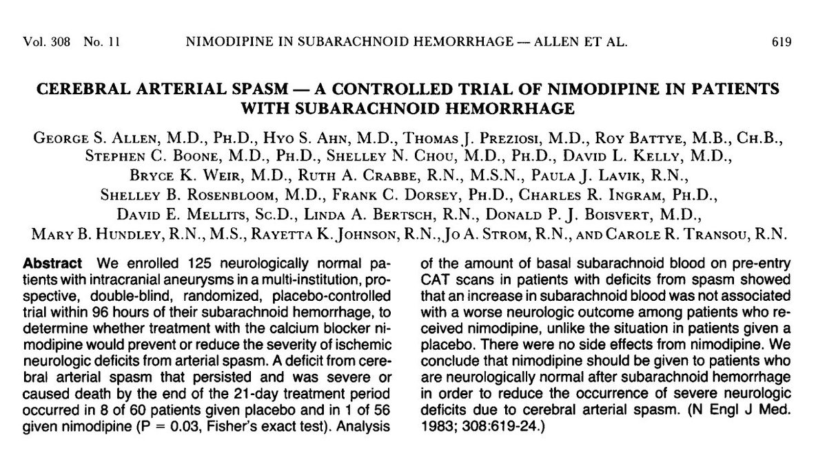 🚨 NEW POD ALERT 🚨 Trial of the Week: Landmark Nimodipine studies Ft. Salia Farrokh @salia_farrokh Applying evidence from the 1980’s in the 2020’s ❓ Where did this dosing regimen come from? 🤔 Modern research considerations 💻 Cerebral vasospasm retirement 🛑 Management of…
