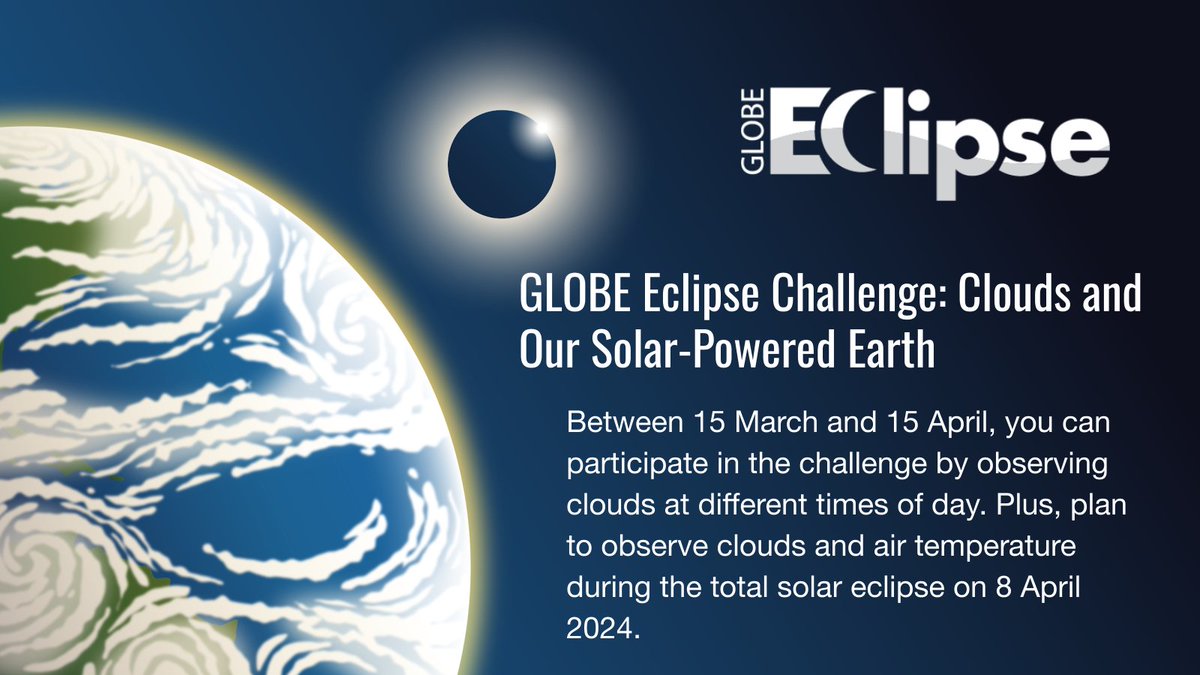 Join @NOAA's JPSS satellites in observing Earth on the day of the April 8, 2024, eclipse. Share your cloud photos with @GLOBEProgram to celebrate #CitizenScience Month! Join in by recording your observations with the GLOBE Observer app! ☁️📸 Learn more: observer.globe.gov/do-globe-obser…